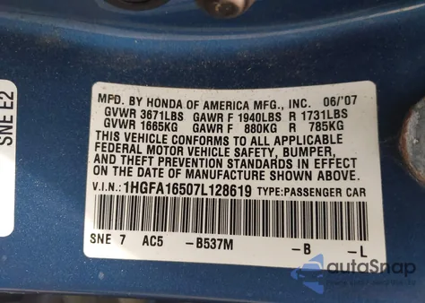 2007 Honda Civic Lx z USA, uszkodzony, nr VIN 1HGFA16507L128619